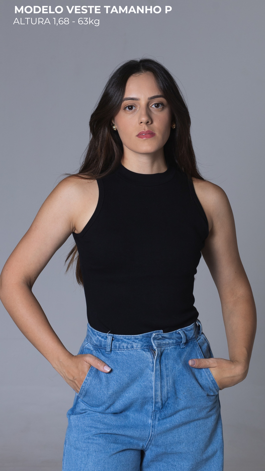 REGATA FEMININA CANELADA VISCOSE CAVA AMERICANA PRETA