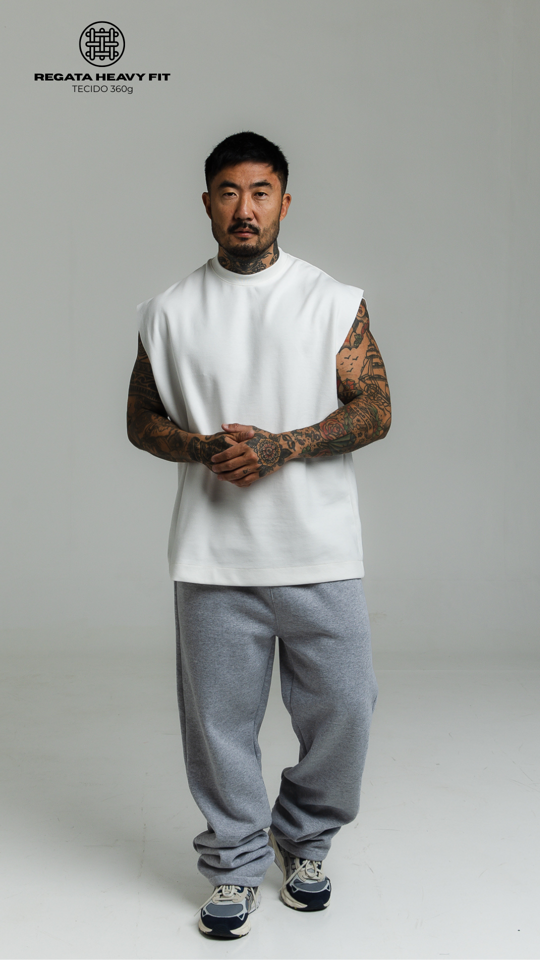 CONJUNTO CALÇA CINZA MESCLA E REGATA MACHÃO OFF WHITE