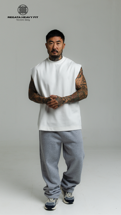 CONJUNTO CALÇA CINZA MESCLA E REGATA MACHÃO OFF WHITE