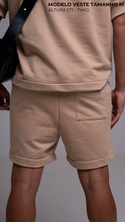 BERMUDA MOLETOM REGULAR LISA COM ELASTICO COR MOCHA