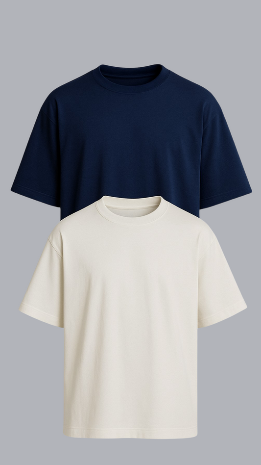 KIT 2 CAMISETAS OVERSIZED OFF WHITE E AZUL MARINHO