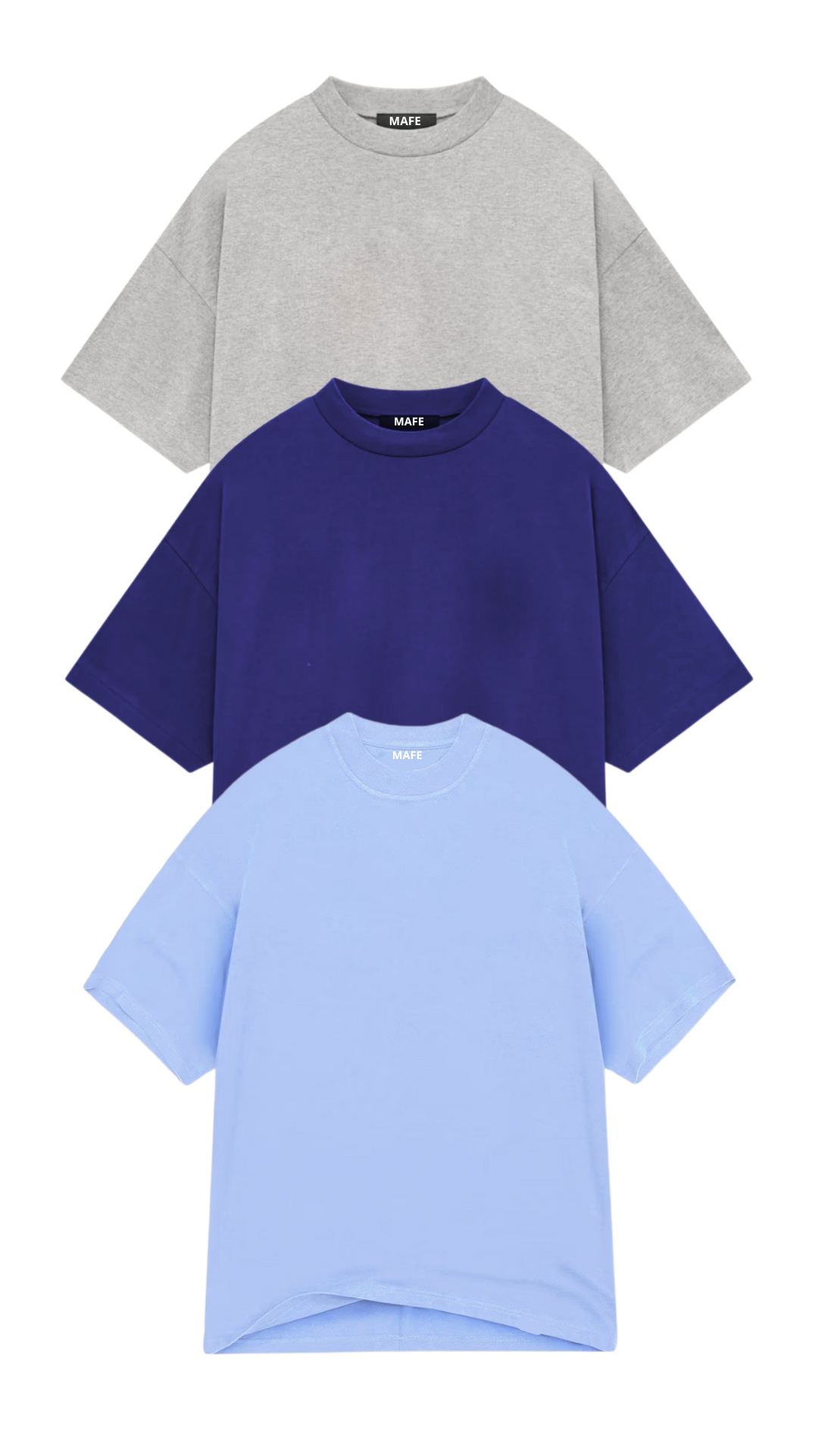 KIT 3 CAMISETAS  OVERSIZED  MASCULINAS CINZA ELEFANTE, AZUL MARINHO E AZUL CLARO