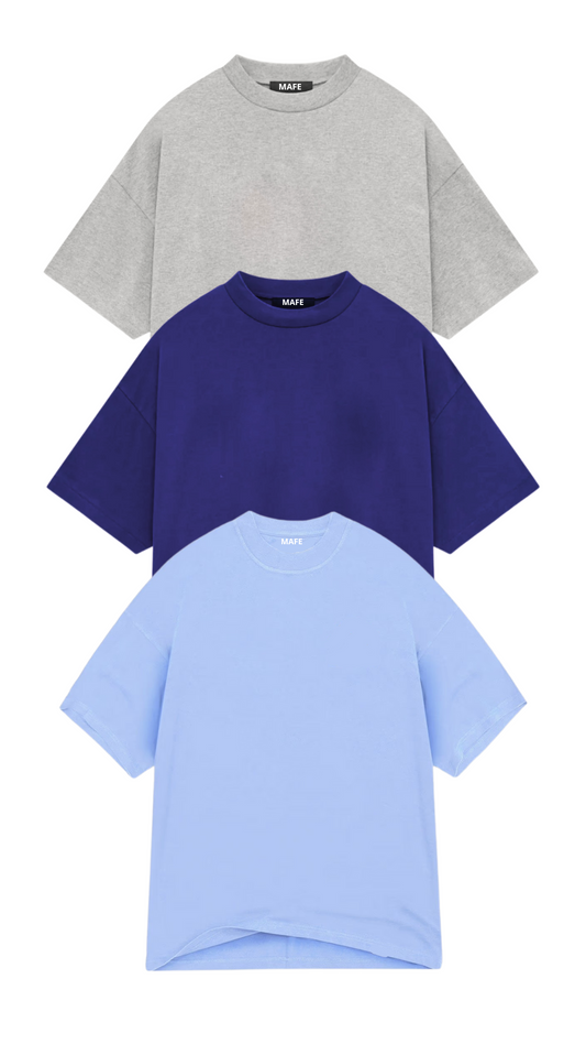 KIT 3 CAMISETAS  OVERSIZED  MASCULINAS CINZA ELEFANTE, AZUL MARINHO E AZUL CLARO