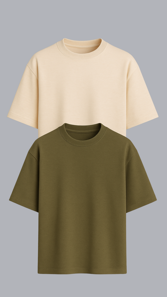 KIT 2 CAMISETAS OVERSIZED VERDE AZEITONA E VANILLA