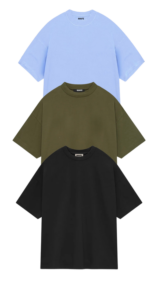 KIT 3 CAMISETAS  OVERSIZED  MASCULINAS AZUL CLARA, VERDE AZEITONA E PRETA
