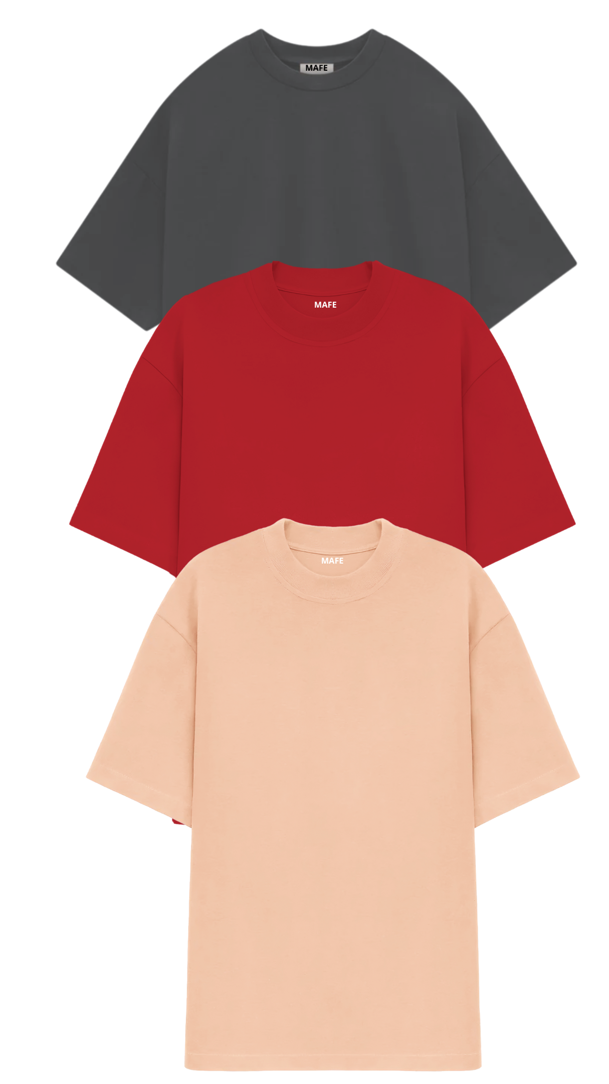 KIT 3 CAMISETAS  OVERSIZED  MASCULINAS CINZA ASFALTO, VERMELHA E VANILLA