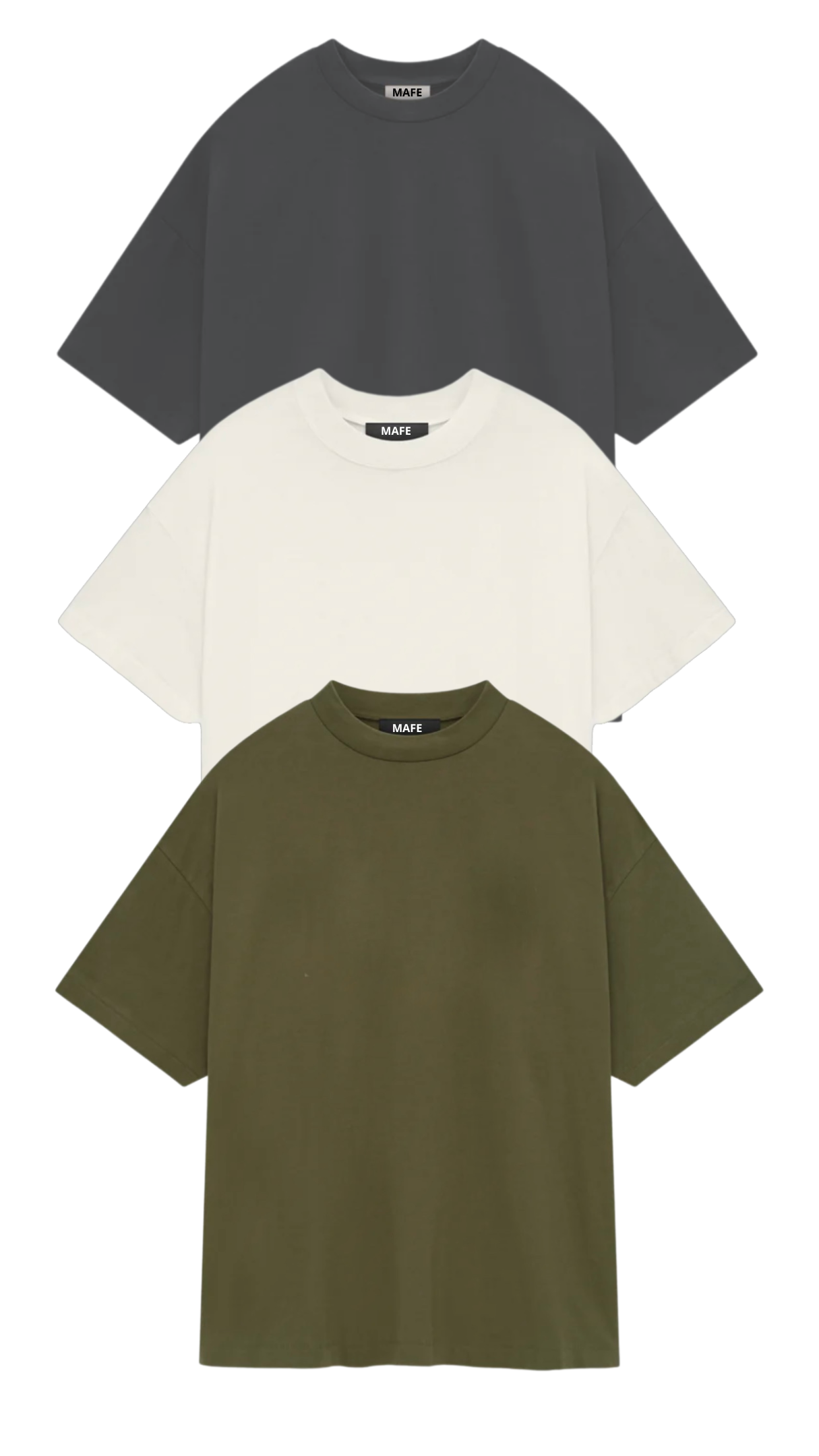 KIT 3 CAMISETAS  OVERSIZED  MASCULINAS CINZA ASFALTO, OFF WHITE E VERDE AZEITONA