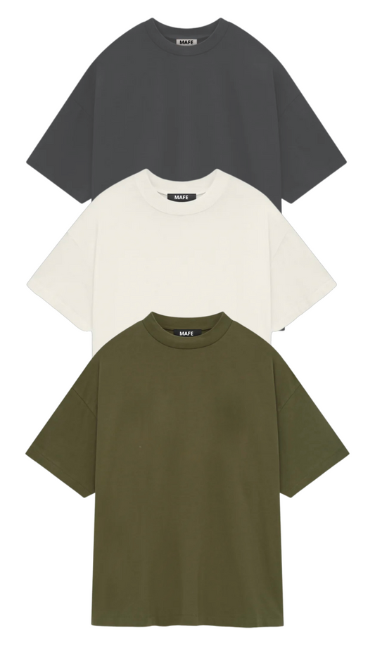KIT 3 CAMISETAS  OVERSIZED  MASCULINAS CINZA ASFALTO, OFF WHITE E VERDE AZEITONA