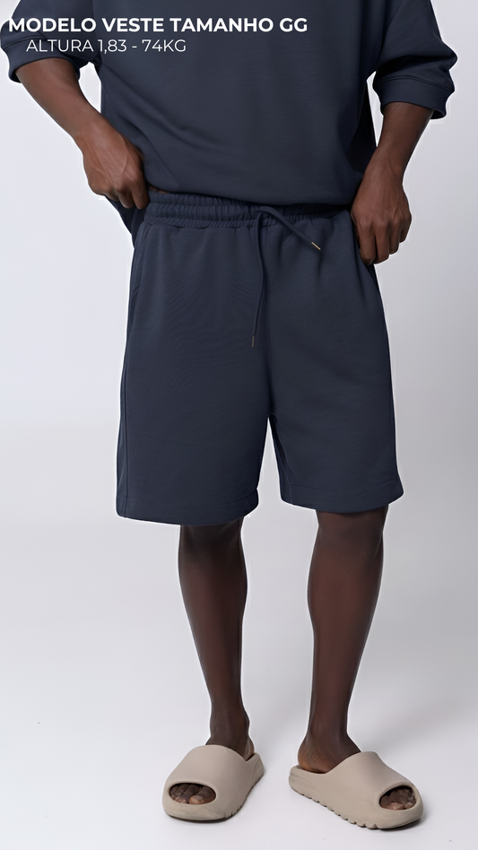 BERMUDA MOLETOM LISA AZUL NAVAL COM ELASTICO