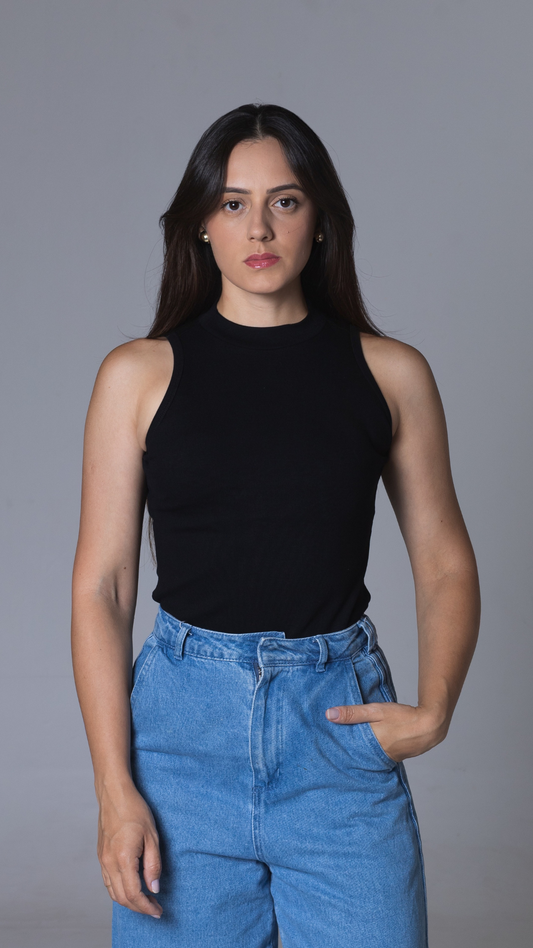 REGATA FEMININA CANELADA VISCOSE CAVA AMERICANA PRETA