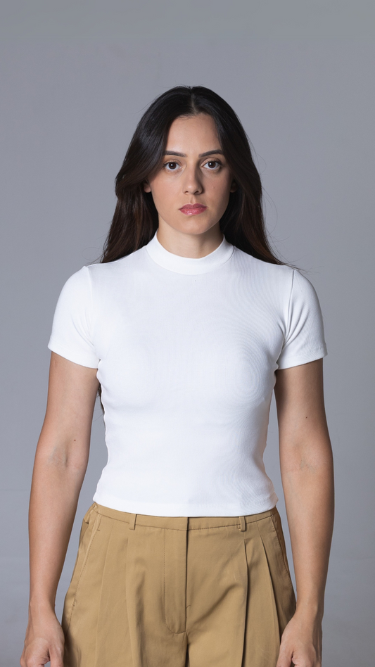 BABY LOOK MANGA CURTA CANELADA VISCOSE OFF WHITE